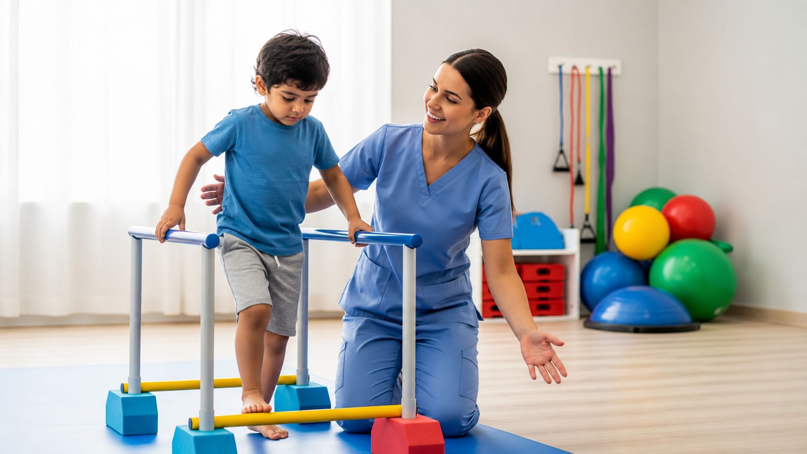 Occupational therapist supporting a child with balance and movement exercises in a bright pediatric therapy room